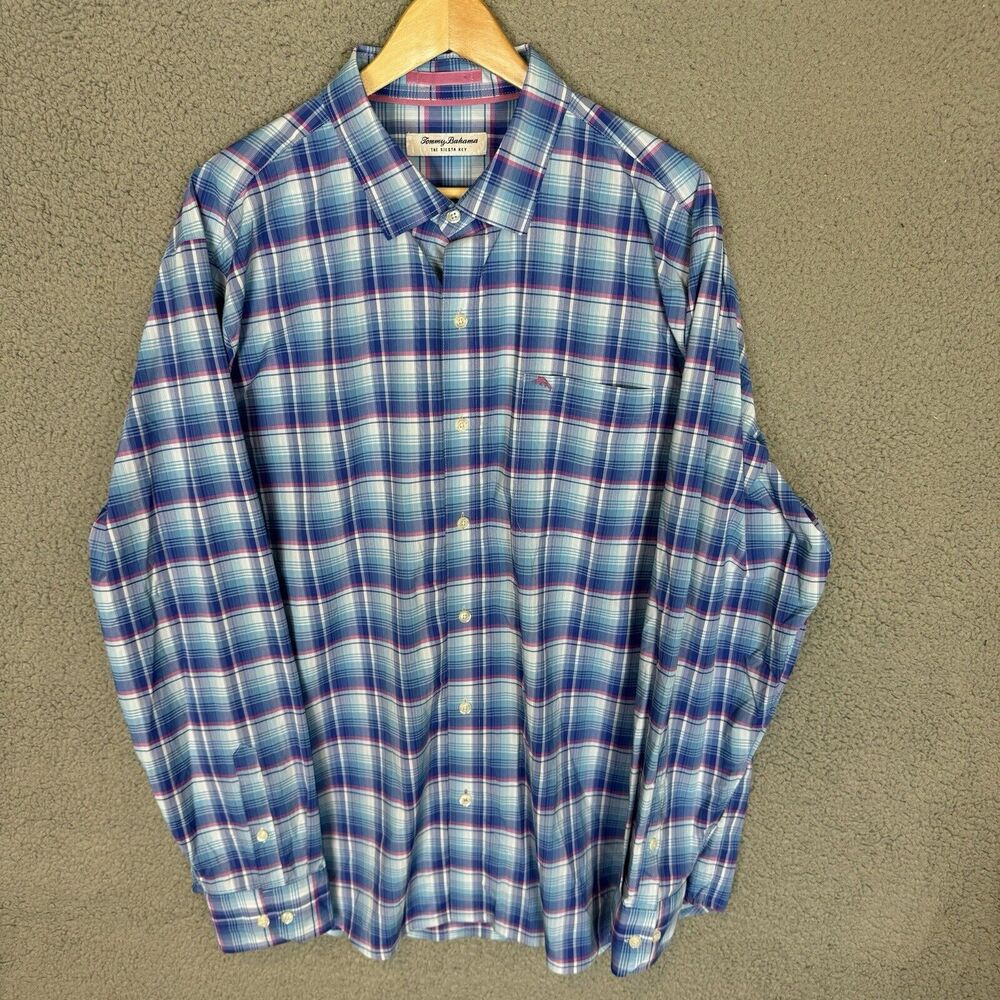 Tommy Bahama Shirt Mens XL Blue Plaid Button Up The Siesta Key Long Sleeve